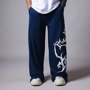 Pantalon de survêtement molletonné ample personnalisé avec logo, coupe décontractée, style streetwear, bleu marine, pour homme - Product Image 1