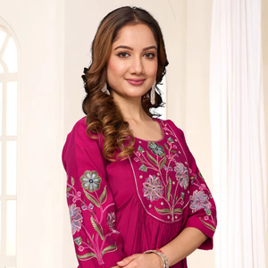 Costume Anarkali en viscose et soie romaine de créateur avec dupatta en Chanderi richement brodé - Product Image 1