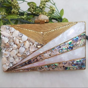 Bolso de mano de noche para mujer con patrón cuadrado de latón MOP, tachuelas de piedra, cierre magnético, forro de poliéster, correa de cadena hecha a mano, a la moda - Product Image 1