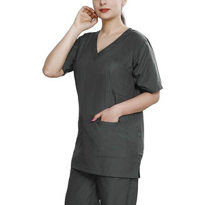 <b>Women</b> V Neck Scrub <b>Top</b> Woven Cotton Polyester Hospital Uniform Dark Gray Short Sleeve With Pockets - Product Image 1