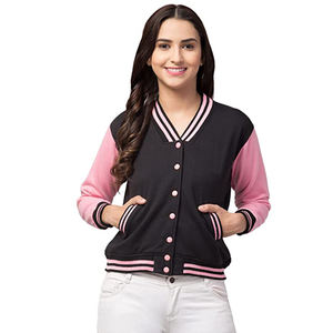 Chaqueta Varsity Rosa y Negra para Mujer, Estilo Casual, Bloques de Color, Cierre de Cremallera, Cuello Camisero, Material de Forro Polar, Ropa de Otoño - Product Image 1