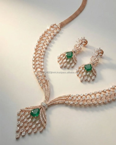 Luxury Bridal Diamond <b>Necklace</b> Set with Matching Earrings and Green Drop Pendant in Rose Gold, Elegant Wedding <b>Statement</b> Jewelry - Product Image 4