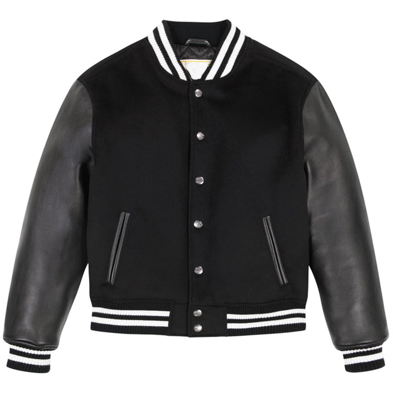 Custom Winter Embroidered Men's Black Varsity 100% Wool Blend Stand Collar Jacket with Silk Lining Streetwear Letterman Trendy