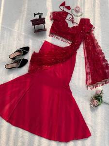 <b>Red</b> Embroidered Lehenga <b>Saree</b> for Women Traditional Party Wedding Diwali Outfit - Product Image 1