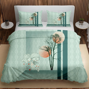 Juego de Sábanas de Algodón King Size con Estética Verde Moderna |   Juego de Fundas de Almohada con Diseño de Pareja, Impresión Digital, Tela Suave - Product Image 1
