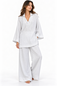 Premium Baumwoll-Leinen-Set mit V-Ausschnitt Langarm-Bluse und Weiten Hosen, Reguläre Passform, Einfarbig Gefärbt, für Sommerurlaub und Resort - Product Image 5