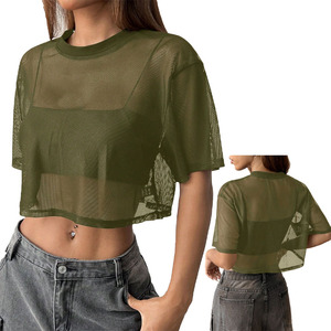 Retro Olive Green <b>Mesh</b> Crop <b>Top</b> <b>Women</b>’s Casual Streetwear Shirt Custom OEM - Product Image 1