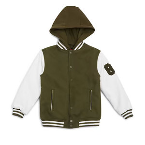Veste varsity en toile premium pour homme |   Blouson bomber en polaire vert olive et blanc contrastant avec manches contrastées, style streetwear - Product Image 2
