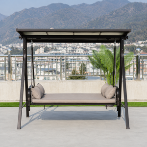 Columpio de patio exterior con toldo y cojines, silla columpio de metal para jardín, terraza, balcón, piscina, muebles de descanso. - Product Image 1