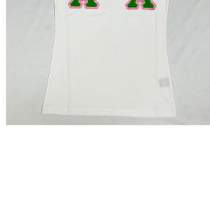 Camiseta al por mayor ALPHA KAPA ALPHA 100% algodón con cuello redondo griego y logotipo bordado en chenilla con diseño personalizado, combinación de colores blanco, verde y rosa. - Product Image 4