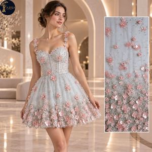 Tissu de robe fleuri rose avec des fleurs 3D, des appliques de roses et des perles |   Tissu à paillettes transparent pour robes de mariée et robes de soirée - Product Image 3