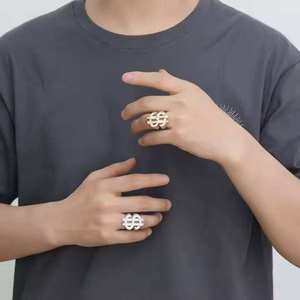 Unisex Dollar <b>Sign</b> <b>Cocktail</b> Ring 925 Silver 22k Gold Plated Pave Setting Zircon Baguette Cut Cross Luxury Hiphop Style Party - Product Image 2
