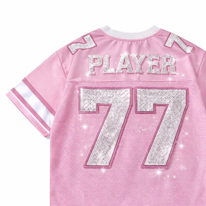 T-shirts courts personnalisés roses en maille avec strass pour femmes, maillots de football américain style équipe avec numéro personnalisé et paillettes, OEM, marque privée, vente en gros - Product Image 5