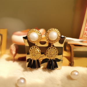 Gold Plated Bohemian Drop Earrings with Black Charms and Pearl Accents - Product Image 3