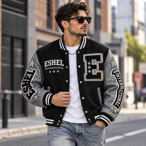 Blouson universitaire décontracté pour homme, noir et gris, avec patch brodé lettre, boutons-pression, style baseball, automne, prix de gros, personnalisation OEM - Product Image 3