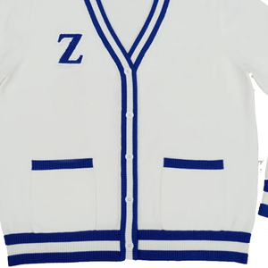 Cárdigan de punto blanco OEM con ribete azul y cuello en V con la letra Z, manga larga, estilo preppy para mujer. - Product Image 3
