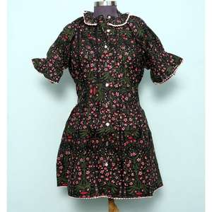 Vestido corto estilo mini para mujer, 100% algodón, informal, con mangas acampanadas, cuello redondo, estampado floral, ecológico, cintura natural - Product Image 1