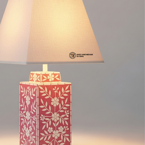 Lampe de table de luxe en os incrusté rose avec abat-jour beige |   Éclairage de chevet floral artisanal - Product Image 3