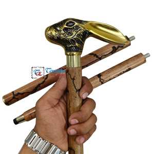 Antique <b>Style</b> Deluxe Walking Stick & Cane Beautiful Golden Rabbit <b>Head</b> Handle Aluminum Wood Handmade European Gift for Men/Women - Product Image 2