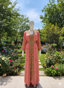 Elegante Caftán Marroquí Rosa Melocotón - Takchita Bordada a Mano con Zari Dorado y Cinturón Adornado para Bodas y Eventos Formales - Product Image 3