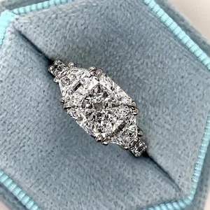 <b>Cushion</b> Cut Moissanite Engagement Ring Three Stone 925 Sterling Silver White Gold Plated Bridal Ring <b>for</b> Women - Product Image 1