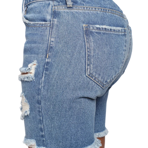 Shorts Bermuda en jean bleu taille mi-haute pour femme, déchirés et effilochés, décontractés, d'été, amples, grande taille, séchage rapide, respirants, longueur genou - Product Image 4