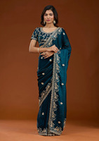 Sari en tissu chiffon épais écologique, broderie quatre saisons, travail Zari, motif fantaisie, bordure ajourée