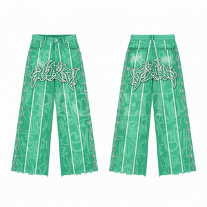 กางเกงขายาวทรงกระบอกพิมพ์ลายผ้าแคนวาสแบบกำหนดเอง ประดับด้วยคริสตัล สไตล์สตรีทแฟชั่นสุดเทรนดี้ ทันสมัย ผลิตจากผ้าฝ้าย 100% - Product Image 2