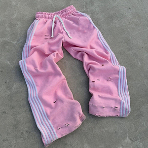 Conjunto de Sudadera con Capucha y Pantalones Anchos de Chándal para Hombre, Estilo Y2K, Vintage, Rosa, Desgastado, con Ribete de Piel Sintética y Cremallera Completa, Marca Glory - Product Image 4