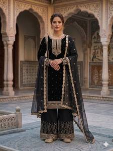 Traje Anarkali Negro Bordado Hasta el Suelo, Ropa Tradicional India y Pakistaní para Bodas, Corte Regular para Mujer, Elástico - Product Image 4