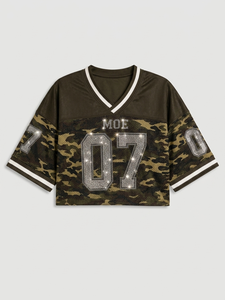 Women Camouflage Custom Print Crystal <b>Rhinestone</b> Cropped American Football Jersey Boxy Fit Sparkling Vintage Camo Crop <b>Mesh</b> <b>Top</b> - Product Image 4