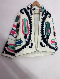 <b>Boho</b> White Embroidered Cotton Jacket Long Sleeve Loose Fit Geometric Pattern Hand Embroidery All Seasons Daily Wear Elegant - Product Image 2