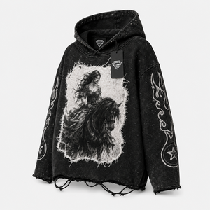 Custom Mens Oversized Acid Wash Graphic <b>Hoodie</b> Vintage Gothic <b>Horse</b> Rider Print Distressed Streetwear Pullover Sweatshirt - Product Image 1