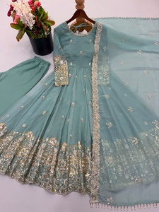 Vestido de fiesta de diseñador con bordado de lentejuelas, de seda crujiente, con falda y dupatta, completamente cosido, listo para usar. - Product Image 4