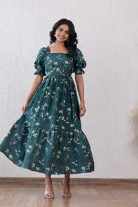 Vestido Midi de Viscosa con Estampado Floral, Mangas Abullonadas, Cuello Cuadrado, Corte en A, Estilo Boho, Holgado, Casual, para Primavera - Product Image 1