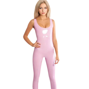 Combinaison moulante rose en PU pour femme, sans manches, taille haute, coupe ajustée, longueur intégrale, col rond, style clubwear - Product Image 5