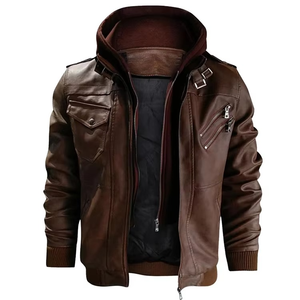 Men's Brown PU Leather Windproof Stand Collar Hooded Biker Jacket Zipper Closure Slim Fit Autumn Casual Coat Front Polyester - Product Image 5