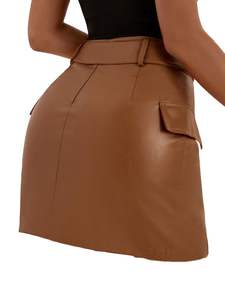 Women's Sexy <b>Brown</b> Genuine Leather Breathable Mini <b>Pencil</b> <b>Skirt</b> Ripped Regular Waistline Casual Club Wear Solid Color - Product Image 3