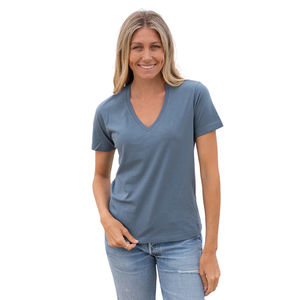 Camiseta de Manga Corta con Cuello en V para Mujer, Color Azul Crepúsculo, Poliéster/Algodón, Diseño Único Ecológico, Suave y Transpirable de Primera Calidad - Product Image 1