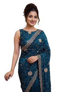 Sari indien traditionnel en soie, entièrement brodé de Zari et de sequins, avec passepoil, réversible pour l'hiver et l'été, coupe ajustée, idéal pour les mariages et les occasions spéciales. - Product Image 1