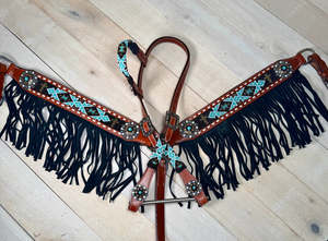 Têtière et collier de poitrail pour cheval en cuir bleu sarcelle perlé, style western, confortables pour le cavalier, durables, en cuir naturel souple. - Product Image 5