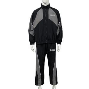 Men's Black Gray Color Blocking Polyester <b>Tracksuit</b> Full Zipper Sporty Autumn Activewear Two Piece Set With Logo Print - Product Image 1