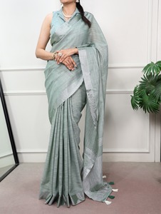 Sari Tradicional Indio de Lino con Tejido Zari para Uso Casual y Eventos Festivos, Atuendo Moderno y Elegante para Mujer - Product Image 1