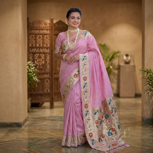 Sari de Seda Indio-Pakistaní con Tejido Zari Puro, Seda Lisa Banarasi Suave con Diseño Paithani - Product Image 1