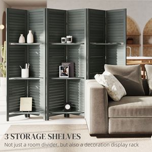 Divisorio in Legno Alto 170 cm con 3 Ripiani e Vano Pieghevole, Paravento Grigio a 6 Pannelli per Camera da Letto - Product Image 4