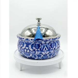 Casserole isotherme classique en acier inoxydable émaillé, motif toile bleue, plat de service pour fondue, pot thermique à double paroi - Product Image 4