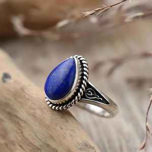925 Sterling Silver Boho Vintage-Inspired Handmade Statement <b>Ring</b> Natural <b>Lapis</b> <b>Lazuli</b> Pear Gemstone Fine Bohemian Jewelry - Product Image 3