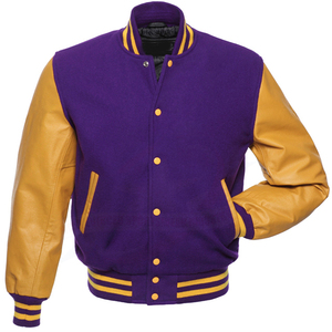 Purple and Gold Varsity <b>Jacket</b> with Leather Sleeves Full Length Button Up Collar Regular Fit Autumn Wear - Product Image 1