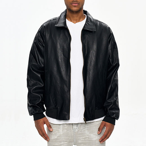 Chaqueta Bomber de Cuero Genuino Negro para Hombre, Cuello Camisero, Cierre de Cremallera, Informal, Otoñal, Resistente al Viento, Ecológica - Product Image 1