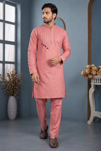 <b>Mens</b> Dusty Pink Cotton <b>Kurta</b> Pajama Set Stylish Thread Work Tassel Detail Indian Traditional Festival Outfit Wholesale B2B - Product Image 2